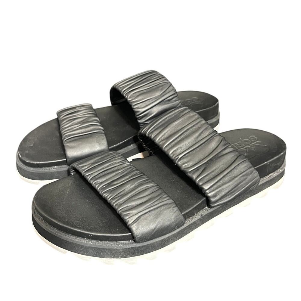 Sorel Roaming Two Strap Ruched Black Leather Slide Sandals Size 7